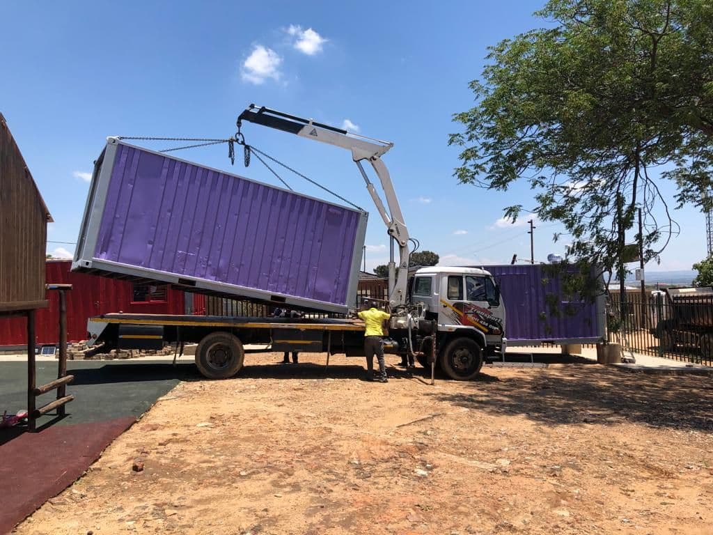 A shipping container being turned into a classroom in South Africa